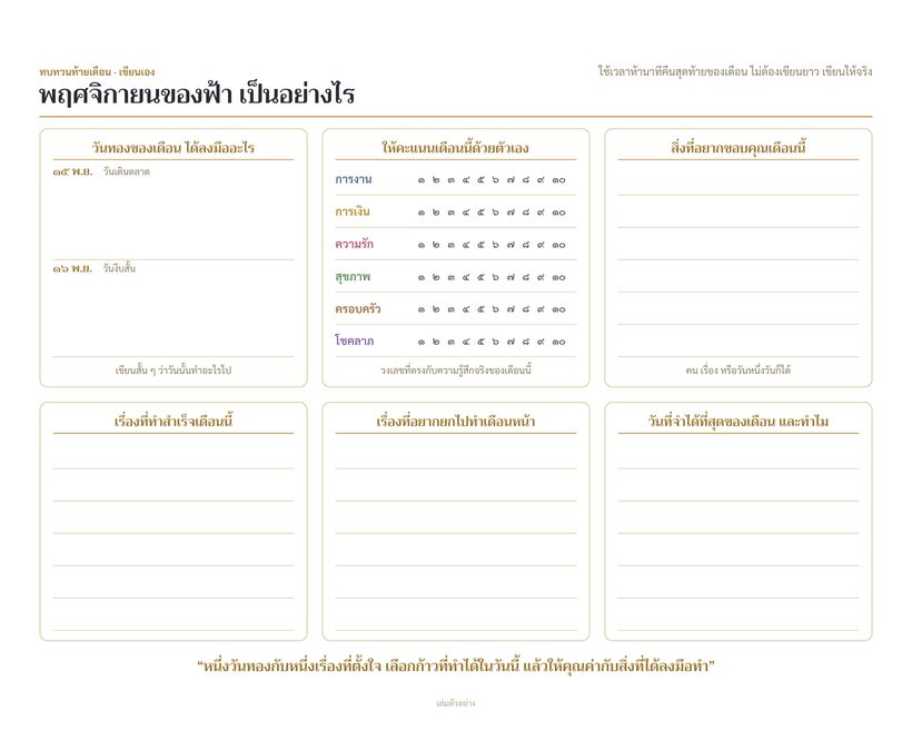 ด้านหลังของแผ่นเดือน หน้าทบทวนท้ายเดือนให้เขียนเอง